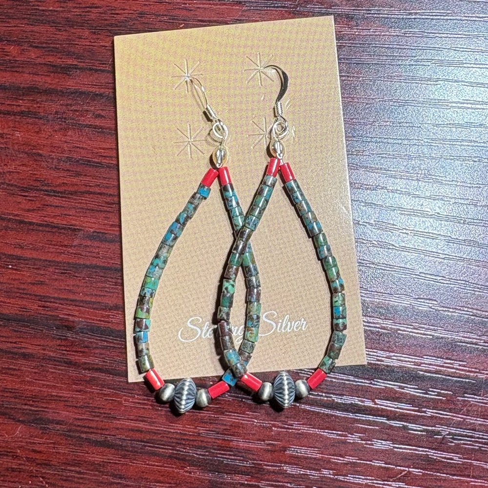 Sterling Silver Green and Red Beaded Loop Earrings